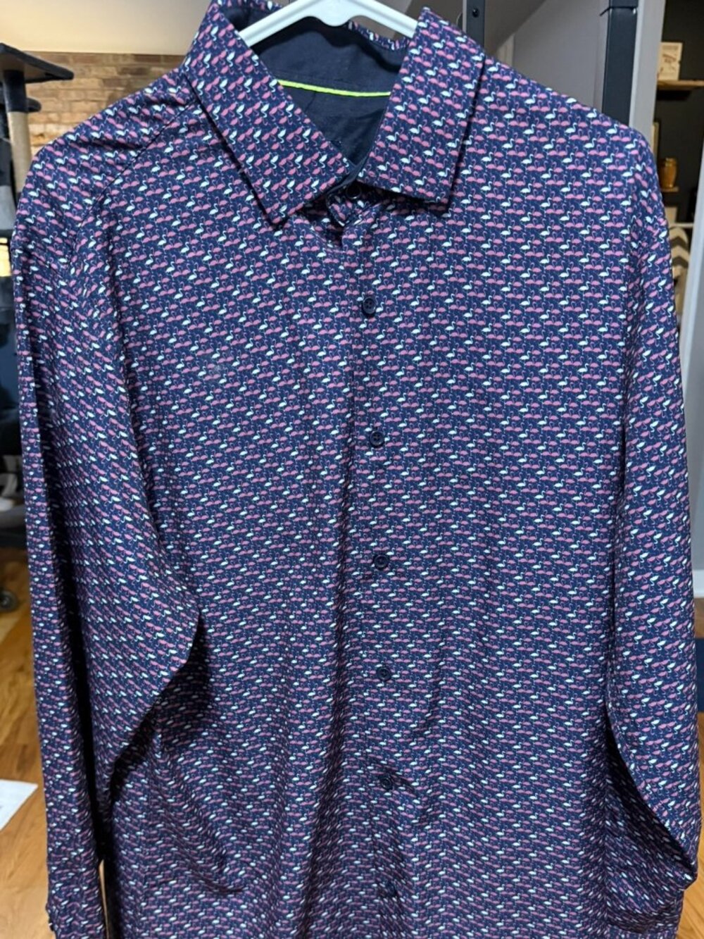 Tom Baine Mens XXL Slim Fit Flamingo Shirt Purple Pink 4 Way Stretch Button Down